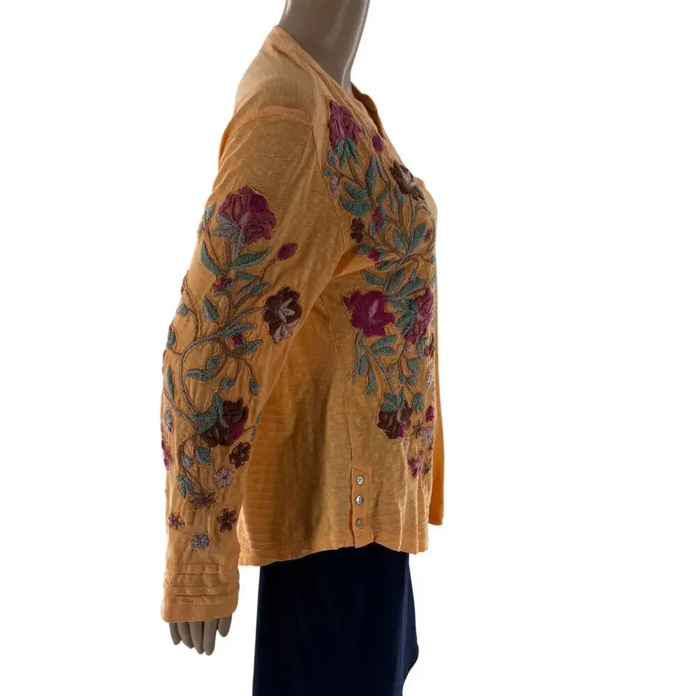 Soft Surroundings Orange Antalya Striped Floral Embroidered Henley Top